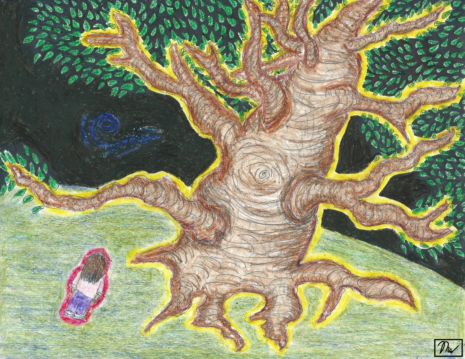 When G Gets Angry by Mio. A hand-drawn spreading tree outlined in yellow, green leaves, a dark swirling sky and a small figure beside its roots.
